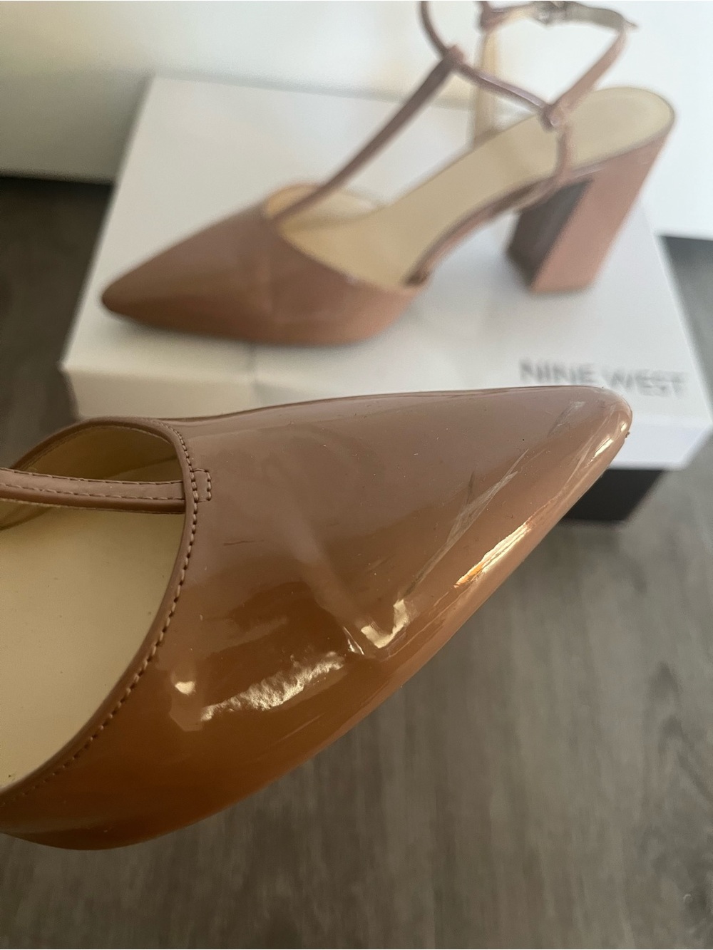 Nine West Patent Nude Brown Pointed Block Heel Sandals - Picture 2 of 5